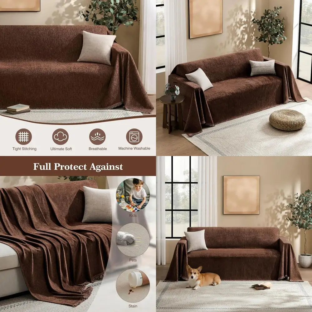 

Washable 3-Cushion Sectional Sofa Cover, Chenille Couch Blanket, 91x150, Coffee, Multi-Purpose Pet & Kids Protector