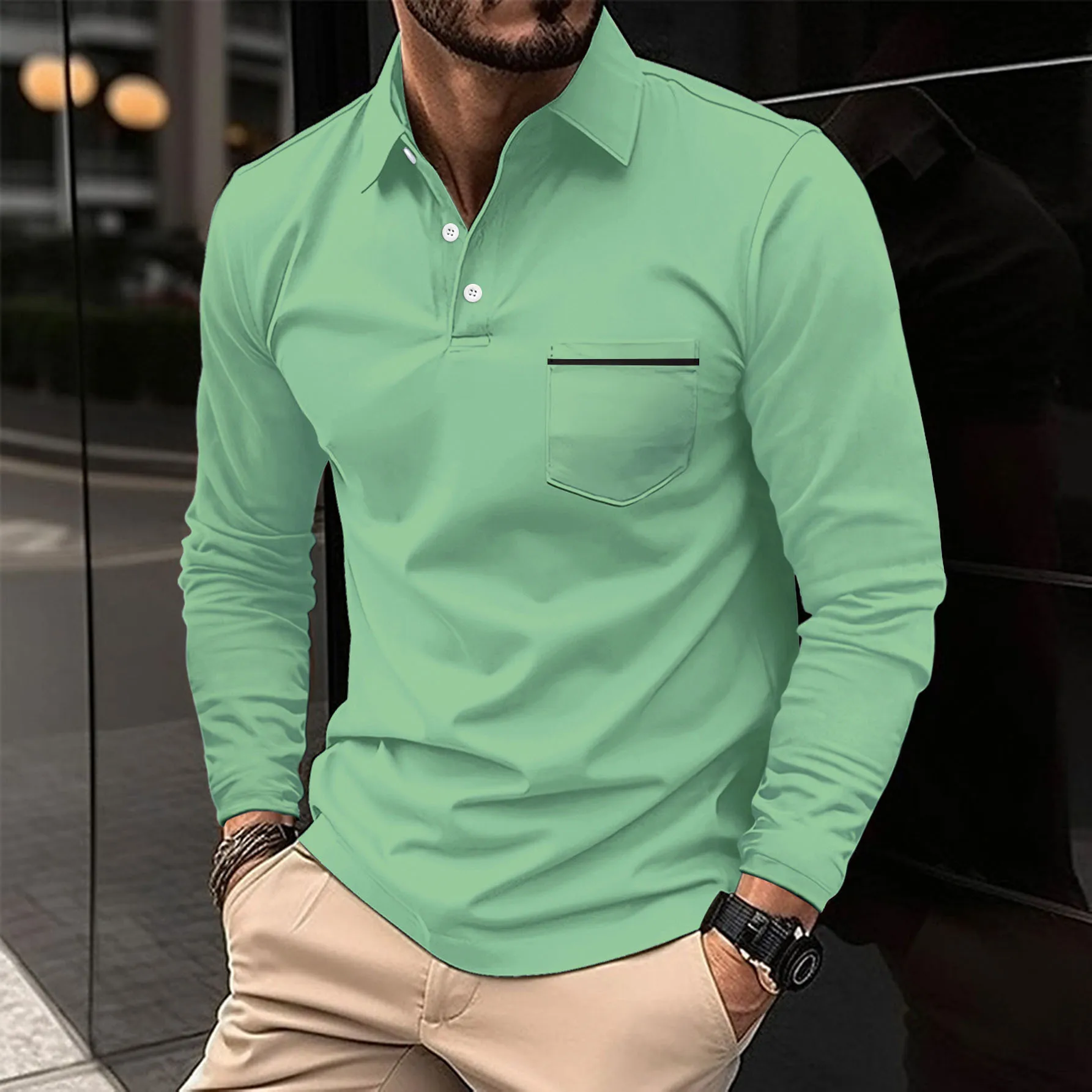 Spring and autumn new men\'s lapel pocket long sleeve Polo shirt moisture absorption high quality men\'s shirt S-3XL