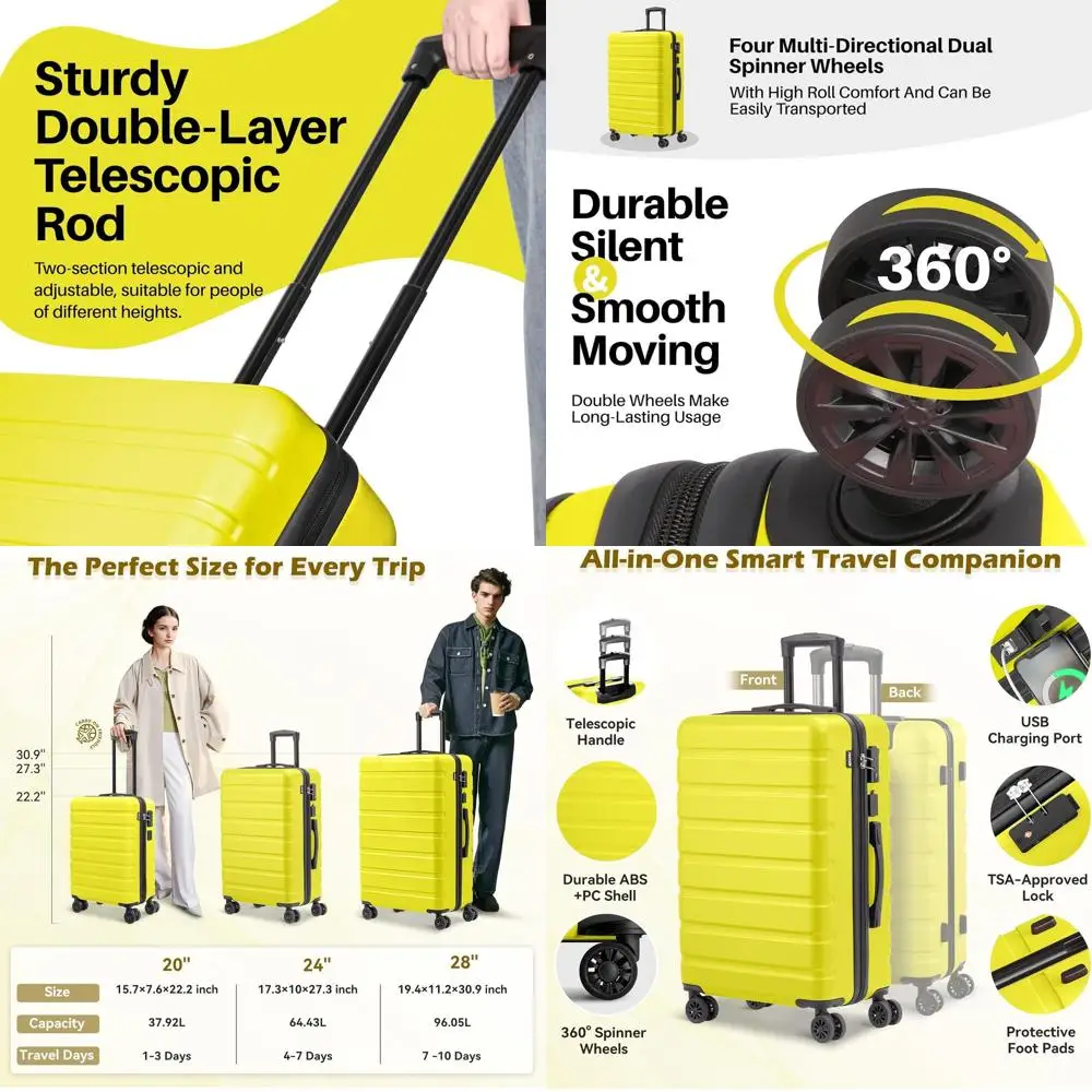 

Lightweight ABS Hardshell Luggage with USB, Wheels, TSA Lock, 28 Yellow