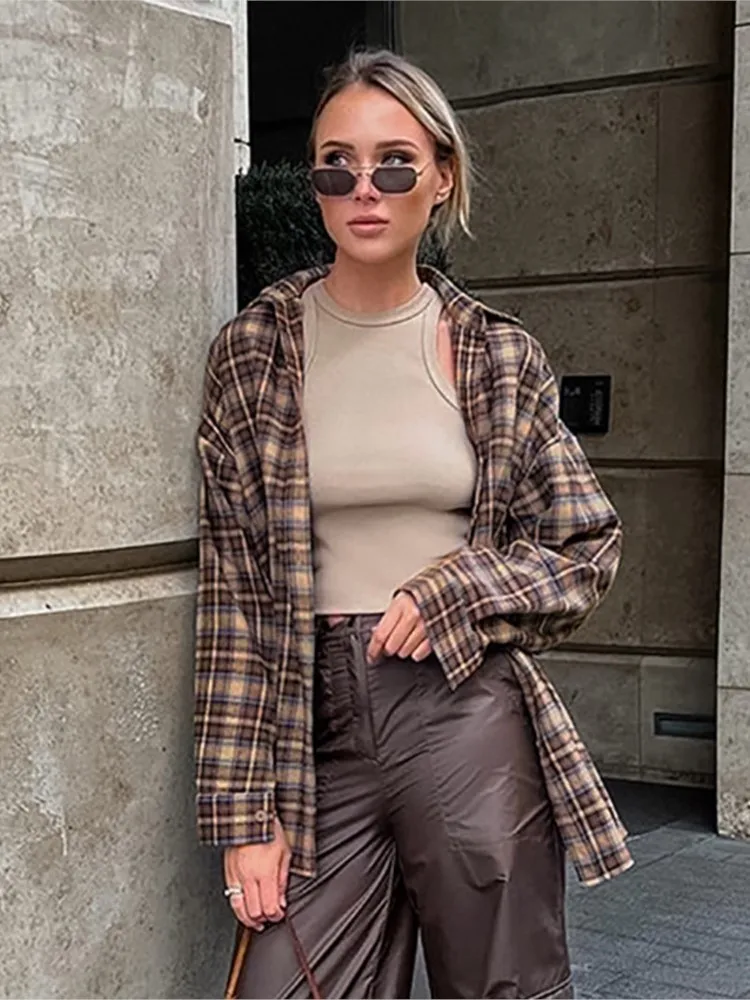 Camisas xadrez vintage moda feminina manga longa único breasted camisa solta feminina 2025 nova primavera outono casual clássicos blusa