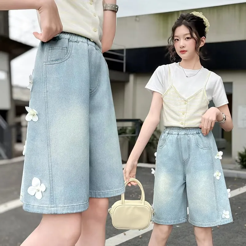 

Kids Child Loose Straight Denim Shorts with Flowers Applique for Teens Girl Knee-Length Capris Pants 5 6 7 8 9 10 11 12 13 14 Y