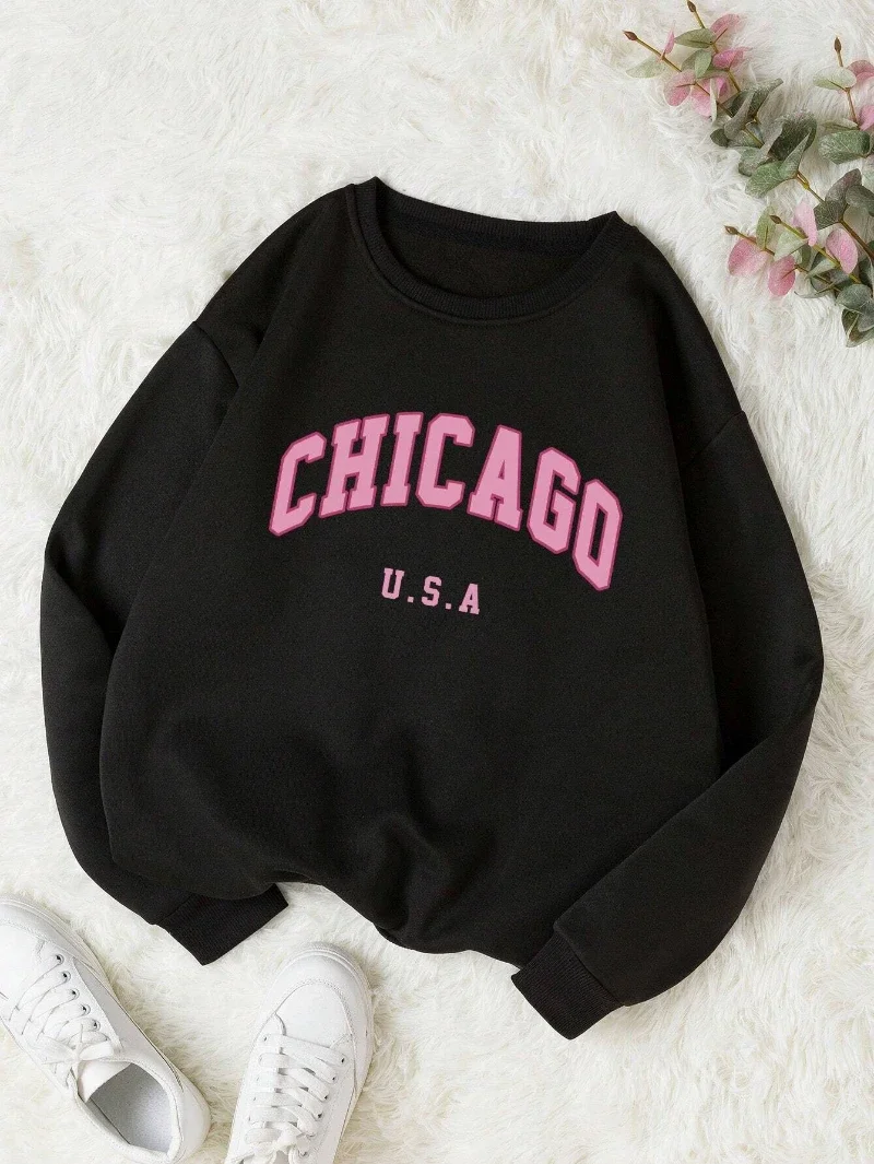 

Chicago USA Letter Prints Pullover Fashion Crewneck Casual Women Sweatshirts Hoodie Fleece Warm Female Autumn Clothes