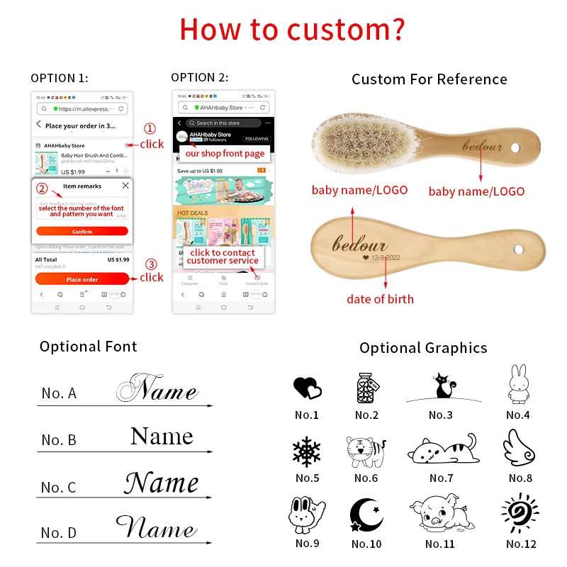 Baby Hair Bursh Personalized Name Baby Brush Soft Goat Kids Hair Brush for Bathing Wood Comb for Newborn Babies Hair Brushes