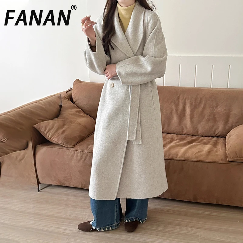 

FANAN Women's 100% Wool Coats Lapel Double Breasted Belt Gathered Waist Warm Long Outwear Temperament Clothes 2025 Winter New