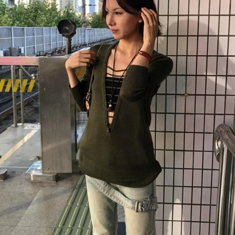 Deeptown Groene Vintage Hollow Out V-hals Vrouwen Truien Sexy Y2k Japanse Jaren 2000 Stijl Slanke Gebreide Truien Harajuku Gyaru