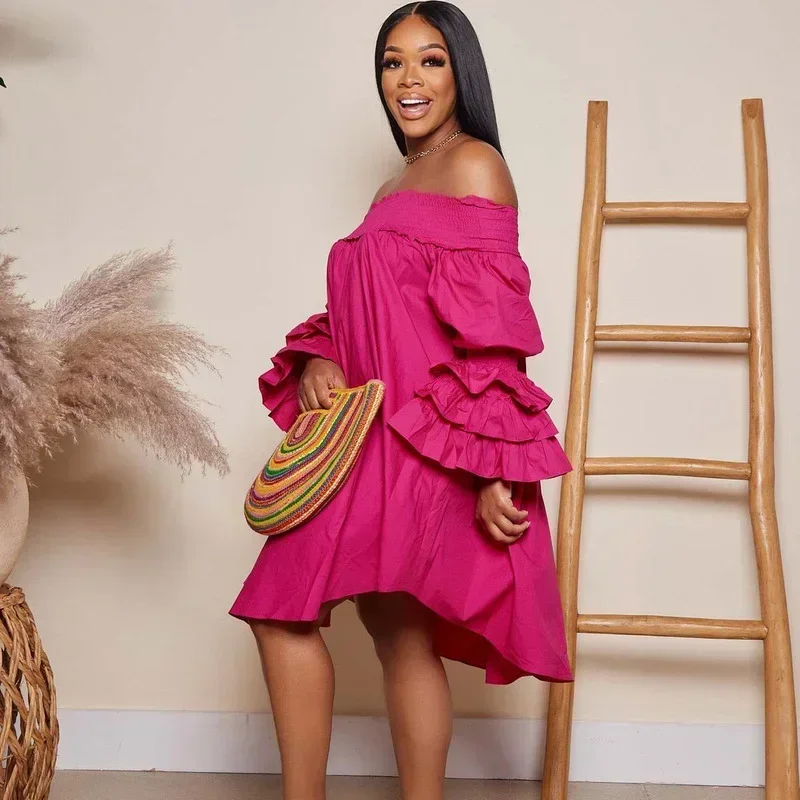 GUWU 오프 숄더 a 라인 섹시한 드레스 여성 우아한 슬래시 넥 프릴 플레어 슬리브 튜닉 셔츠 드레스 루즈 캐주얼 파티 드레스