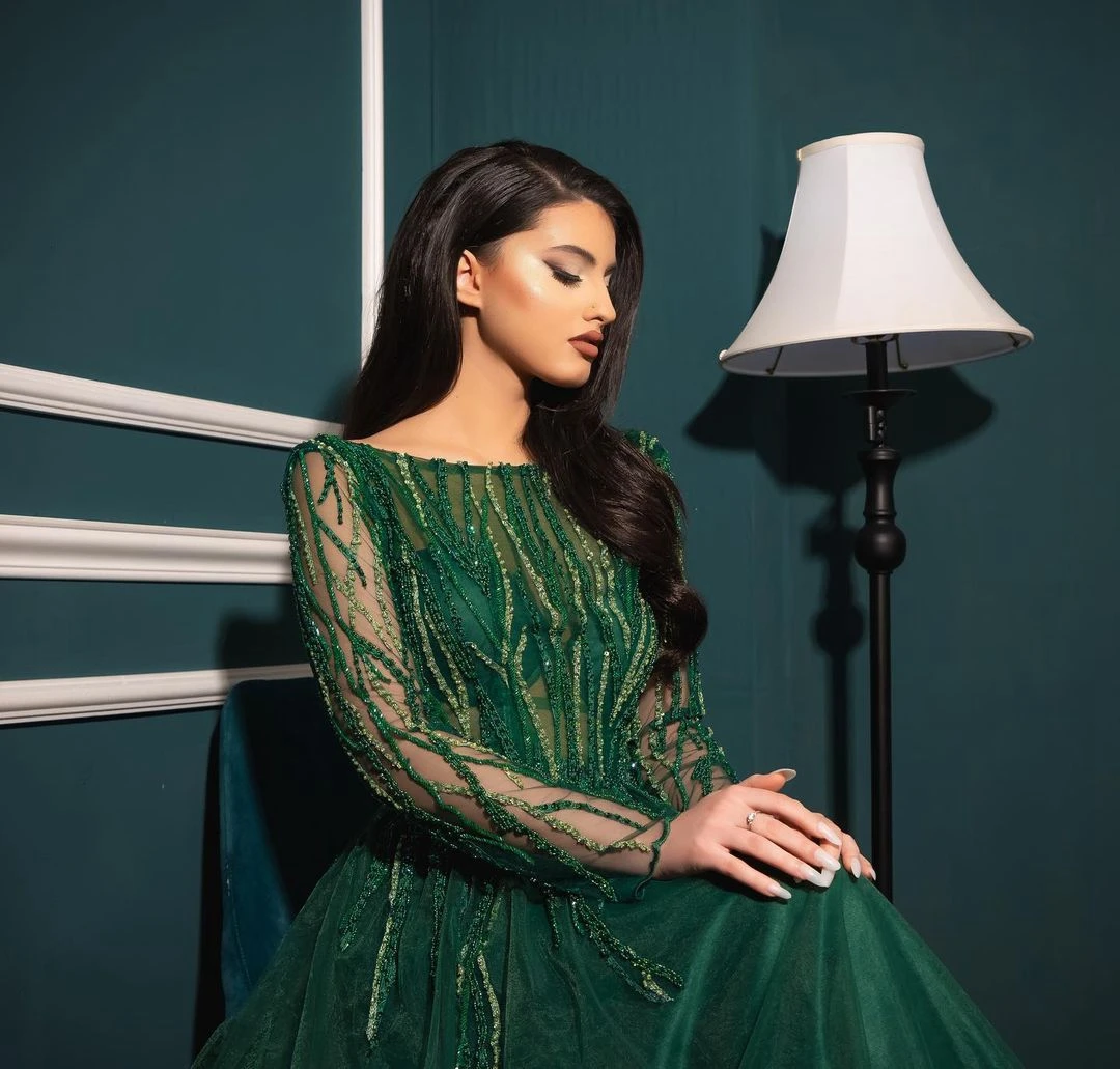 Luxury Women Green Prom Dresses Long Sleeves High Collar Muslim Style Tulle Ball Gown Puffy Evening Gowns For Formal Event