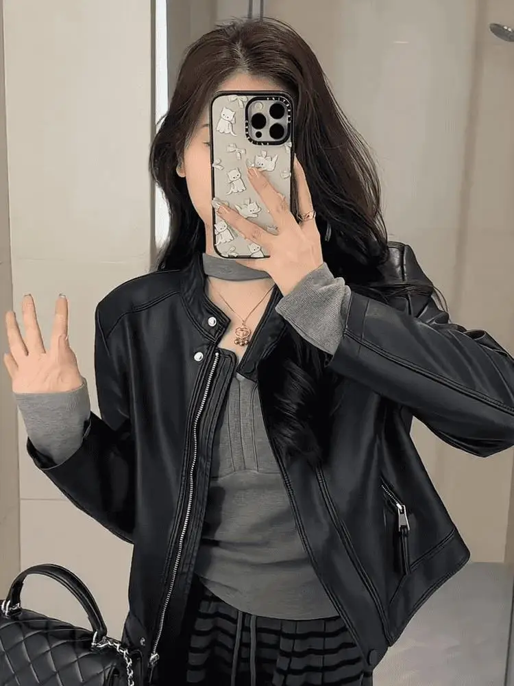Sli ort Biker Jaet Women's Spring 2025 Faion Design Zipper Slim Fit Leather Coat Trendy Top Casual Outerwear