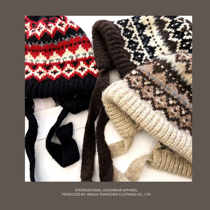 women Ethnic style striped spliced knitted woolen hat for autumn and winter thickened warm and cold resistant ear protection