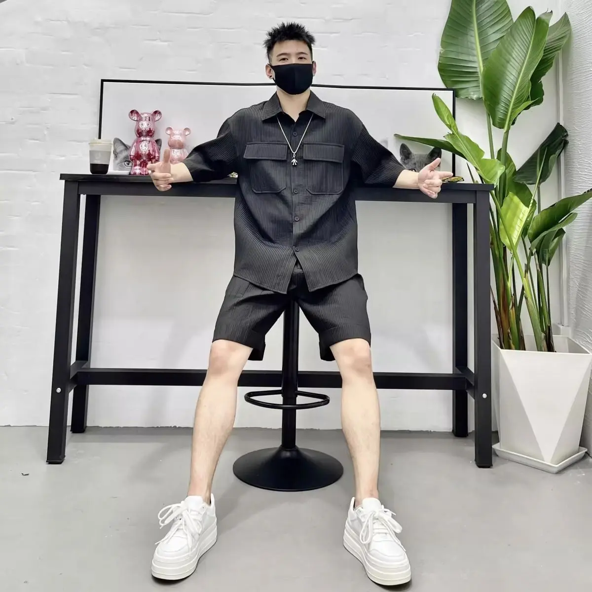 

American Style Handsome Short-sleeved Shirt Shorts Suit Men's Simple Loose Casual Solid Color Tops Five-point Pants Male Clothes