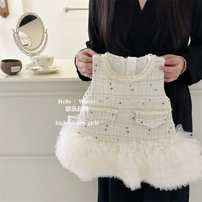 Girls' Clothes 18M-8Y Children's Little Flavor Heavy Industry Pearl Puffy Garment Baby Cake Vest Dress