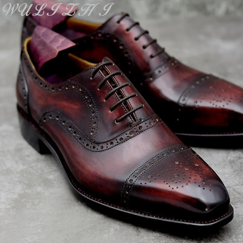 Burgundy Carved Men\'s Leather Shoes Formal Business Versatile Daily Men Shoes Genuine Leather Breathable British Oxford Shoes