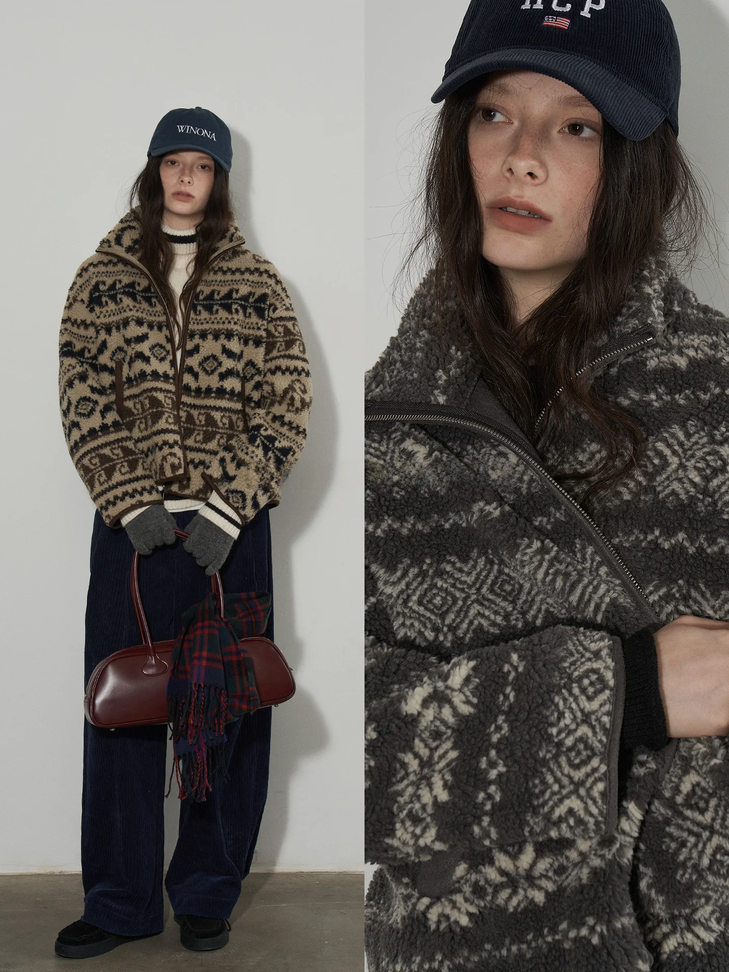 

Lofi Choose Vintage Fair Isle Pattern Lamb Fur Jaet Women's Winter New Sle Fce Warm Top Polyester Material Long Sve...