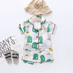 summer new cartoon suit boys' and girls' casual pajamas suit baby silk ice dinosaur short sleeve shorts housewear suit