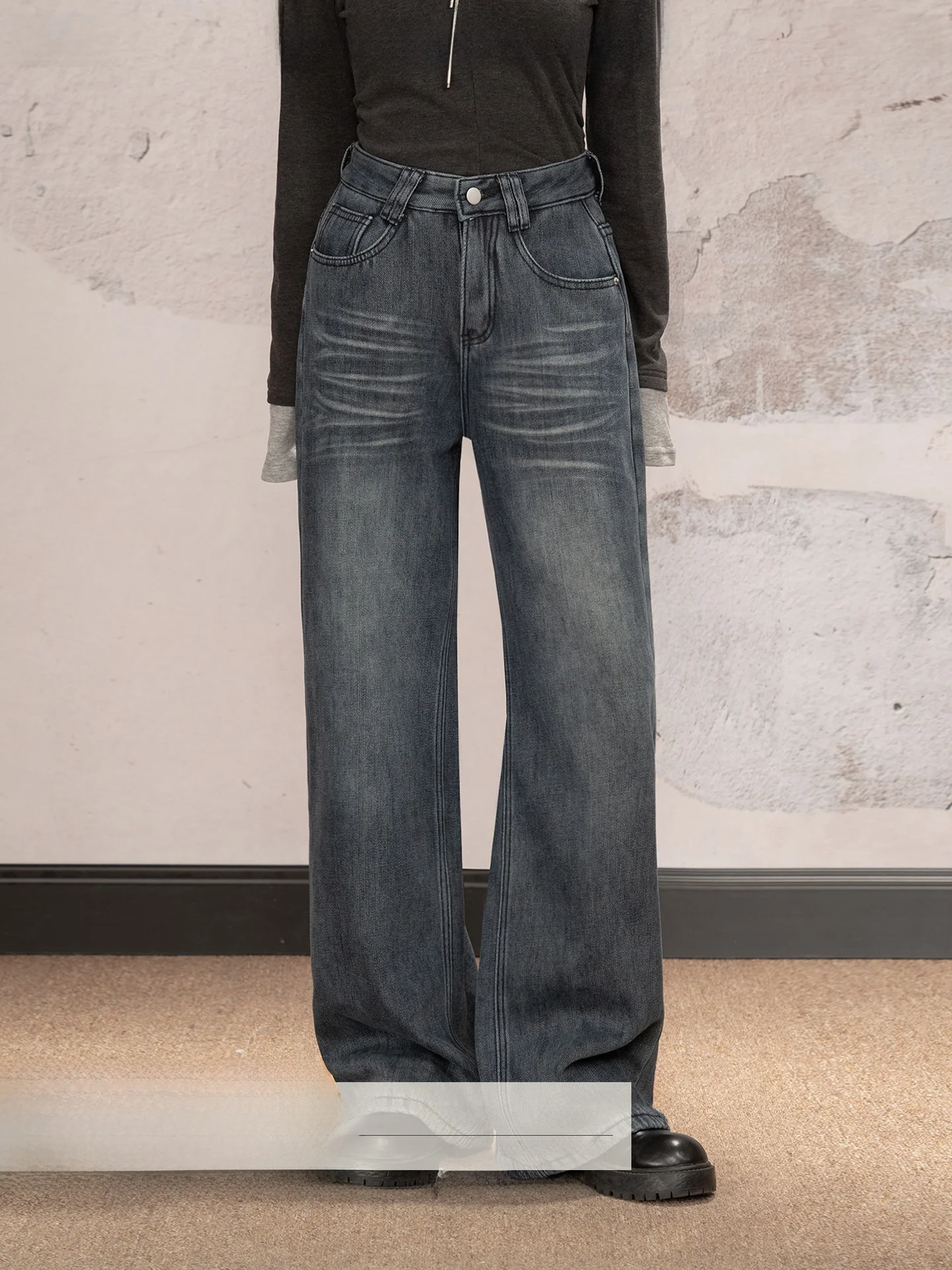 

Винтажные джинсы Loveheynew с эффектом потертости, женские, зимние, новые, свободные, теплые, широкие, длинные брюки, повседневные, с высокой талией, джинсовые штаны