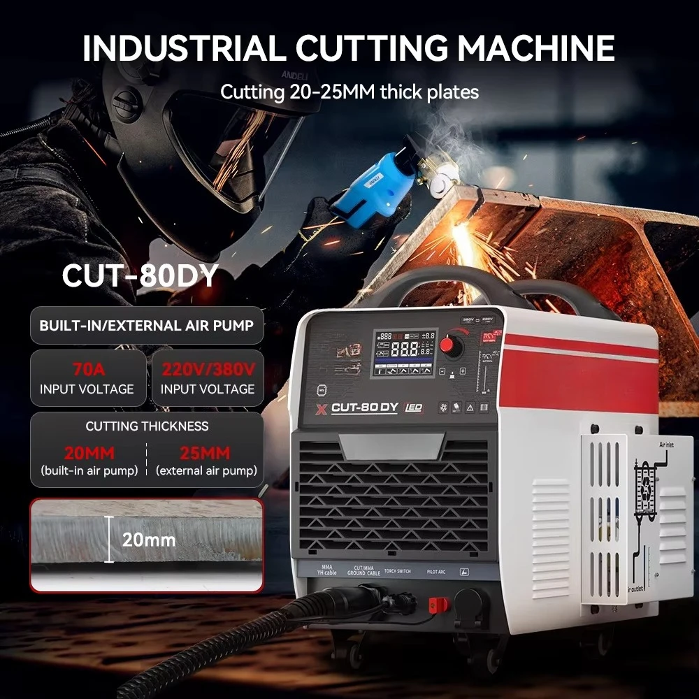 CUT-80DY Plasma Cutter with Built-in Compressor, 220V/380V Dual Voltage 2-in-1 Plasma Cutting & MMA Welder, High Frequency 2T/4T