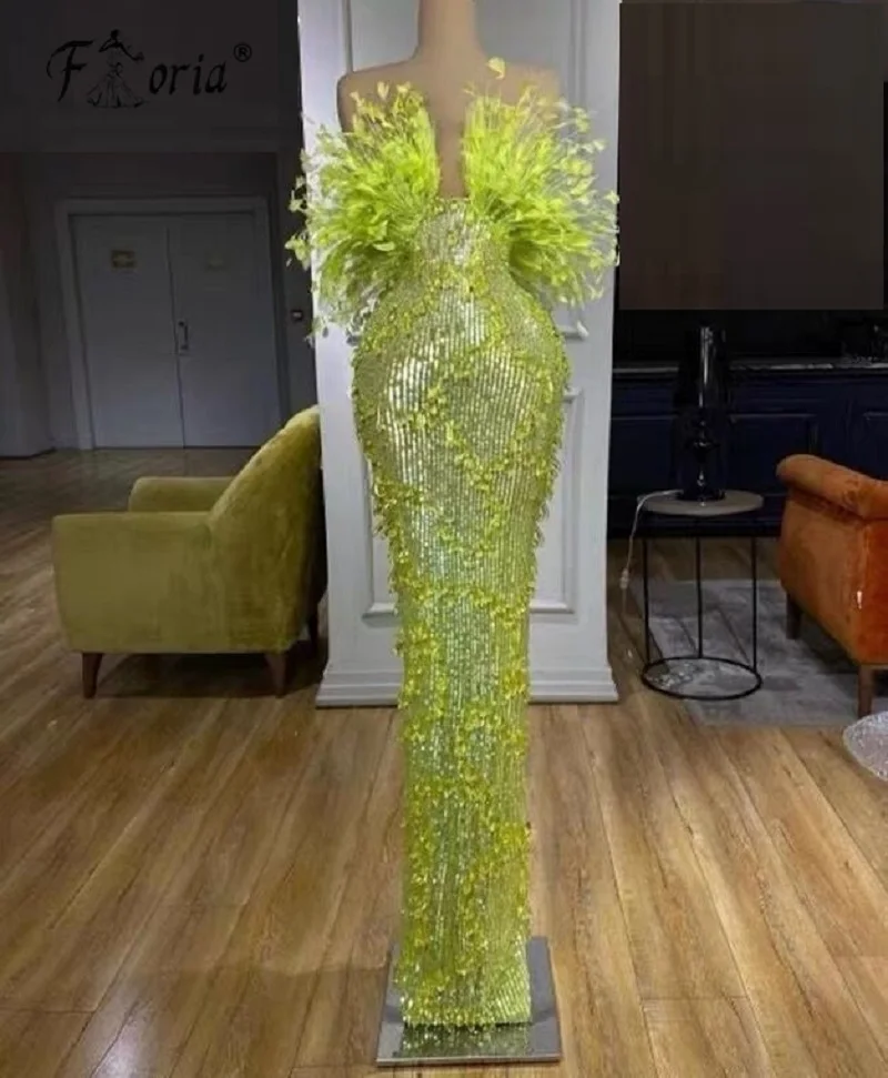 

Sexy Green Sequined Beaded Prom Dresses Off the Shoulder Feather Crystal Floor Length Party Dress Cocktail Women Formal Vestidos