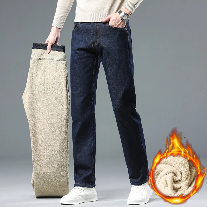 Inverno lã veludo negócios casual confortável térmico em linha reta preto azul denim calças jeans masculinas velo engrossado jeans
