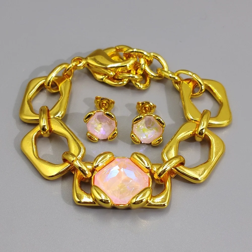 2026 Spring Sparkling Exaggerated Design Blue/Pink Crystal Geometric Earrings Bracelet Jewelry Two Piece Set Party Gift