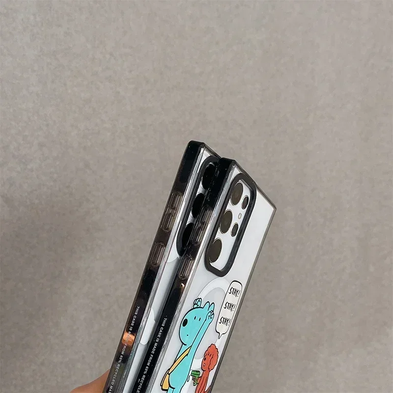 Cute Blue Brown Dog MagSafe Acrylic Black Border Protective Case for Samsung Galaxy S24 U S23U S22 Ultra Shell