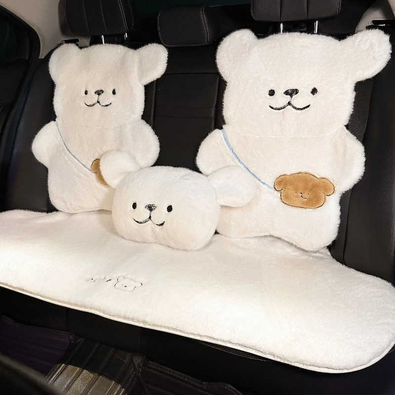 Winter Universal Car Seat Cushion Plush Cartoon Bear Thick Premium Feel Single Rear Cover for Girls Cute Seat Accessories