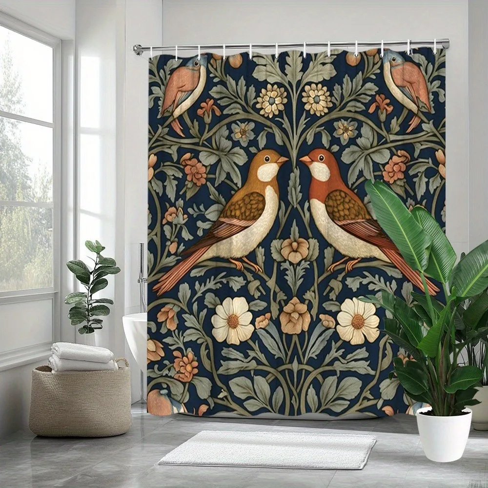 

Dark blue flowers and birds Shower Curtain Washable Dirt-Resistant Shower Head waterproof Polyester Bath Curtain For Home Decor