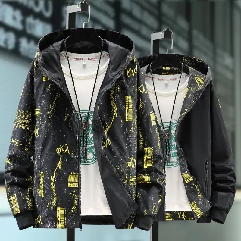 Fashion Spring Autumn Men Casual Double Sided Wear Streetwear Floral Hoodie Jacket Waterproof Clothes Mens Windbreaker Coat Male