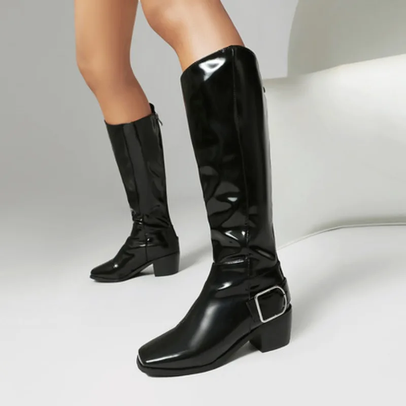 مربع حزام مشبك صائق سستة السلس براءات الاختراع والجلود المواد حذاء برقبة للركبة مع بطانة تنفس الخريف جديد ساحة تو التمهيد #5