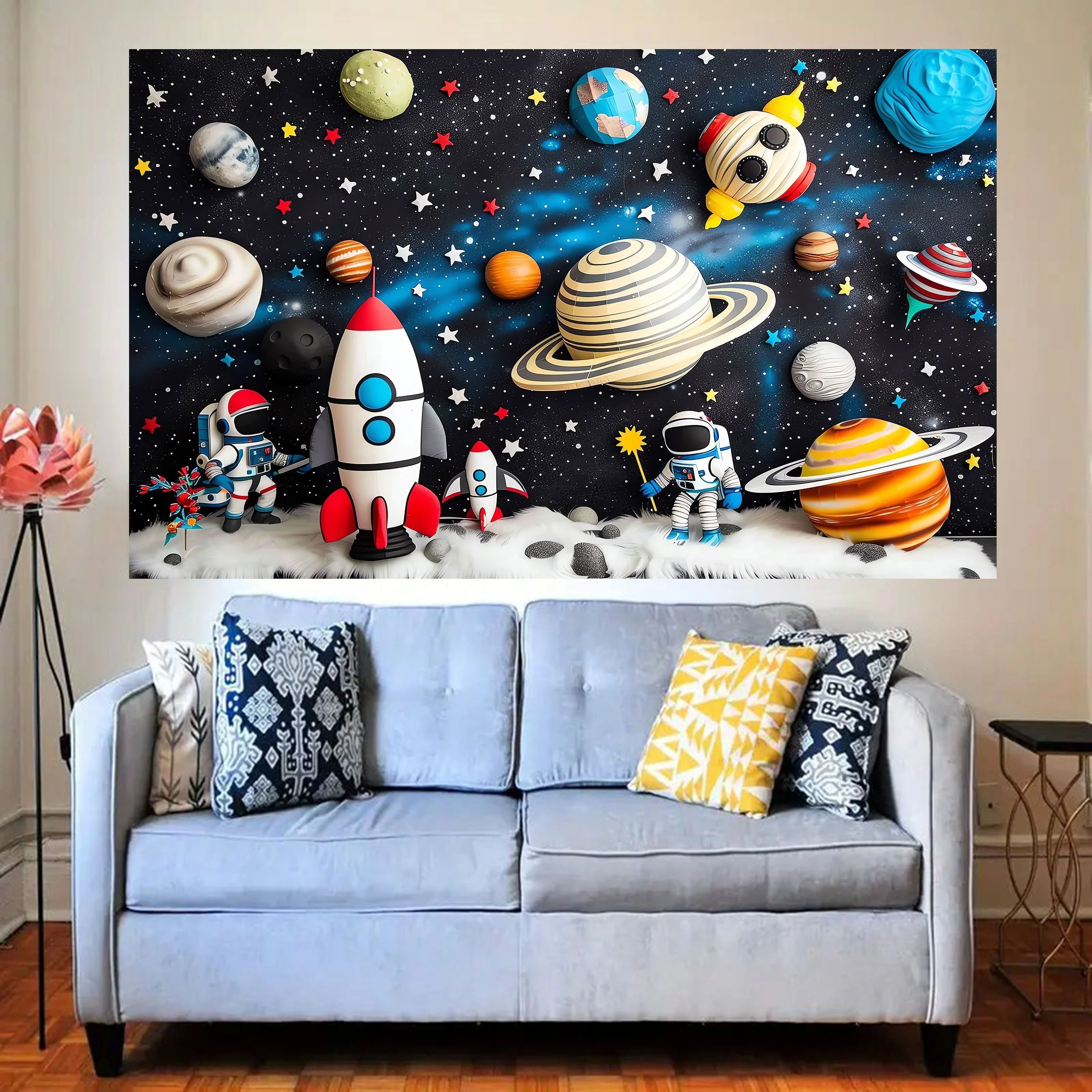 Space themed party backdrops,cartoon rocket and planetary designs,multi-purpose photography banners for birthdays