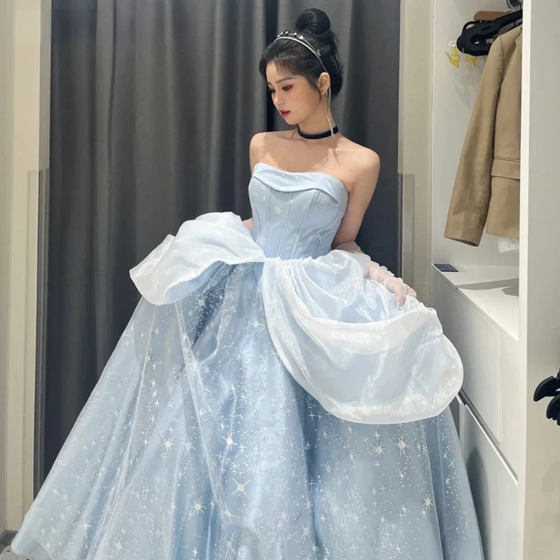 Blue Prom Dress Engagement Jacquard  France Vintage Sweet Korean Princess Fairy Dress Evening Party Dress Women Clothing