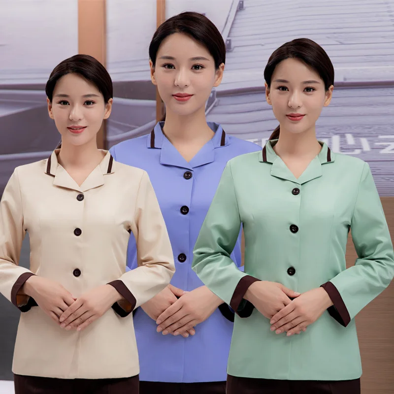 Wholesale Supply Cleaning Uniform Long Sleeve Suit Collar Hotel Restaurant Guest Room Attendant Workwear Property Staff Uniform
