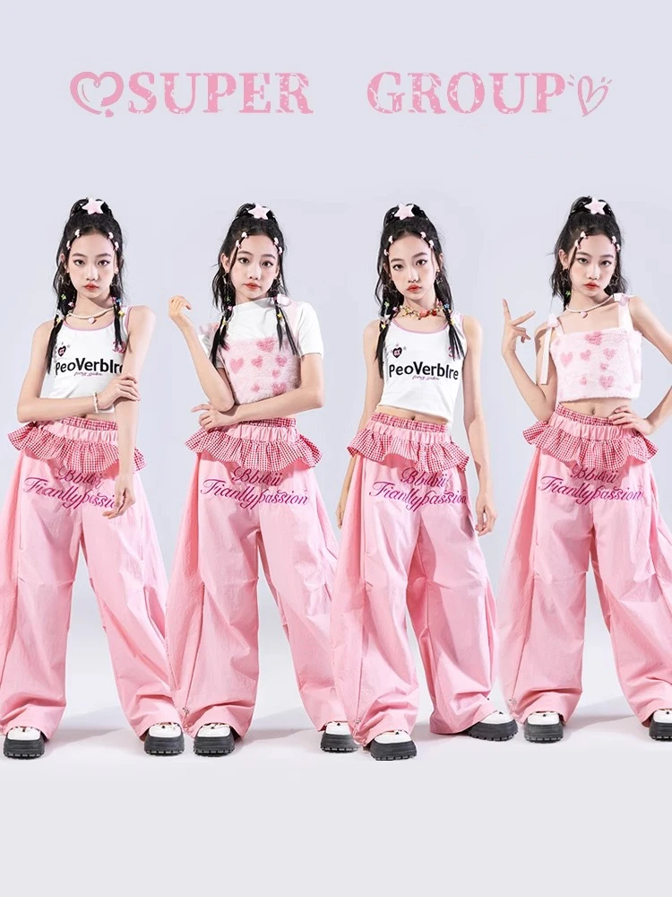 

Танцевальный костюм в стиле хип-хоп для девочек, детская одежда для джазовых тренировок, летние топы, розовые брюки, модная уличная одежда, сценические наряды Kpop BL16524