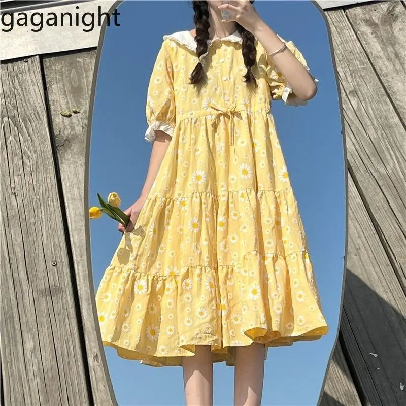 Gaganight Women Yellow Floral Printed Dress 2024 Summer New Loose Fitting Casual High Waisted College Style Puff Sleeves Dresses