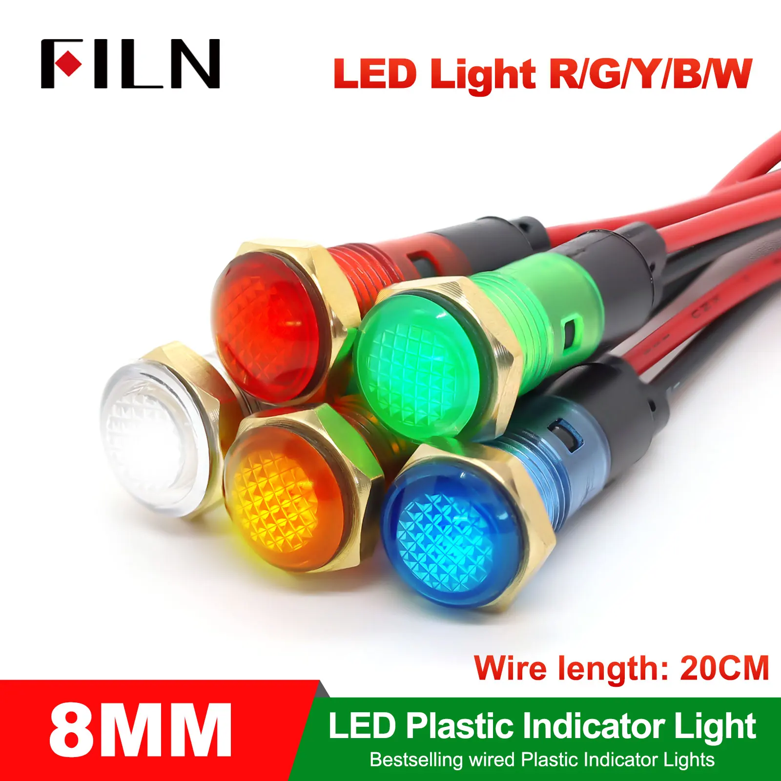 

FILN 5pcs 8mm Indicator Light Lightweight Corrosion Resistant & Insulated with 20cm wire for Commercial Kitchen High Red Green