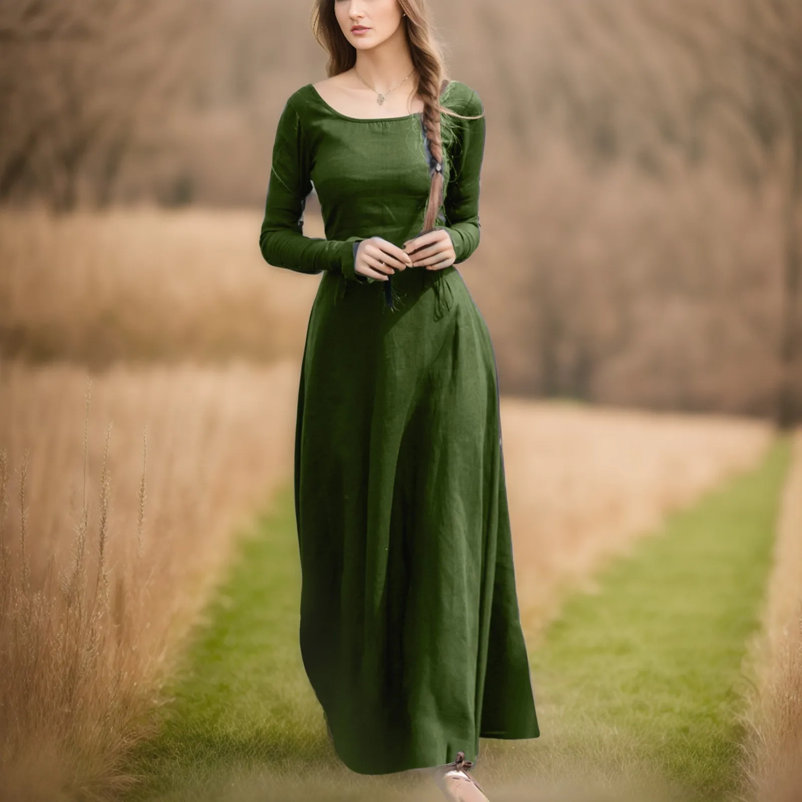 Plus Size Long Dress Women's Casual Dress Medieval Vintage Cosplay Dresses Solid Color Round Neck Long Sleeve Sweetheart Dress