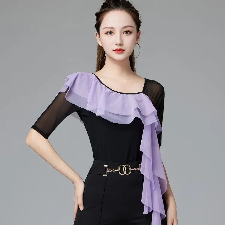 بدلة رقص حديثة قطعة واحدة مع أكمام دانتيل متدلية على الكتف، قميص تدريب للرقص اللاتيني، أزياء نسائية لربيع 2025 #3