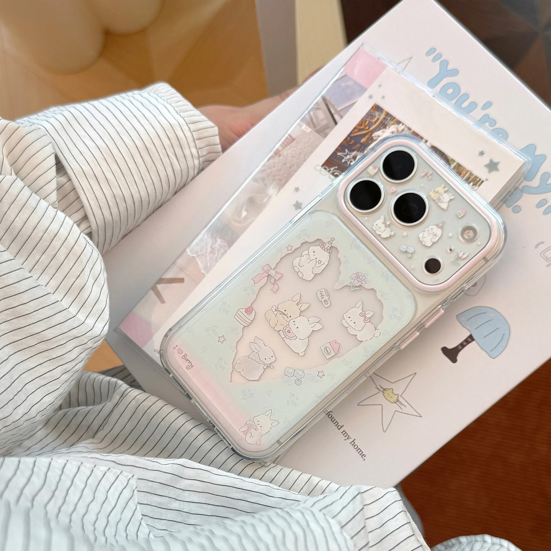 Phone Cases Korean - Koreanisches Cartoon-Hasen-Design mit Ausgeschnittenem Herz-Muster, Drop-Glue-Handyhülle