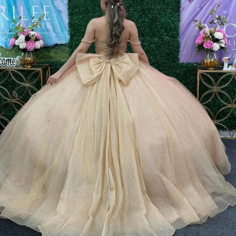 

Champagne Princess Ball Gown Quinceanera Dress Classic Beads Crystal Bow Tull Sequin Sweet 16 Dress Vestido De 15 Anos