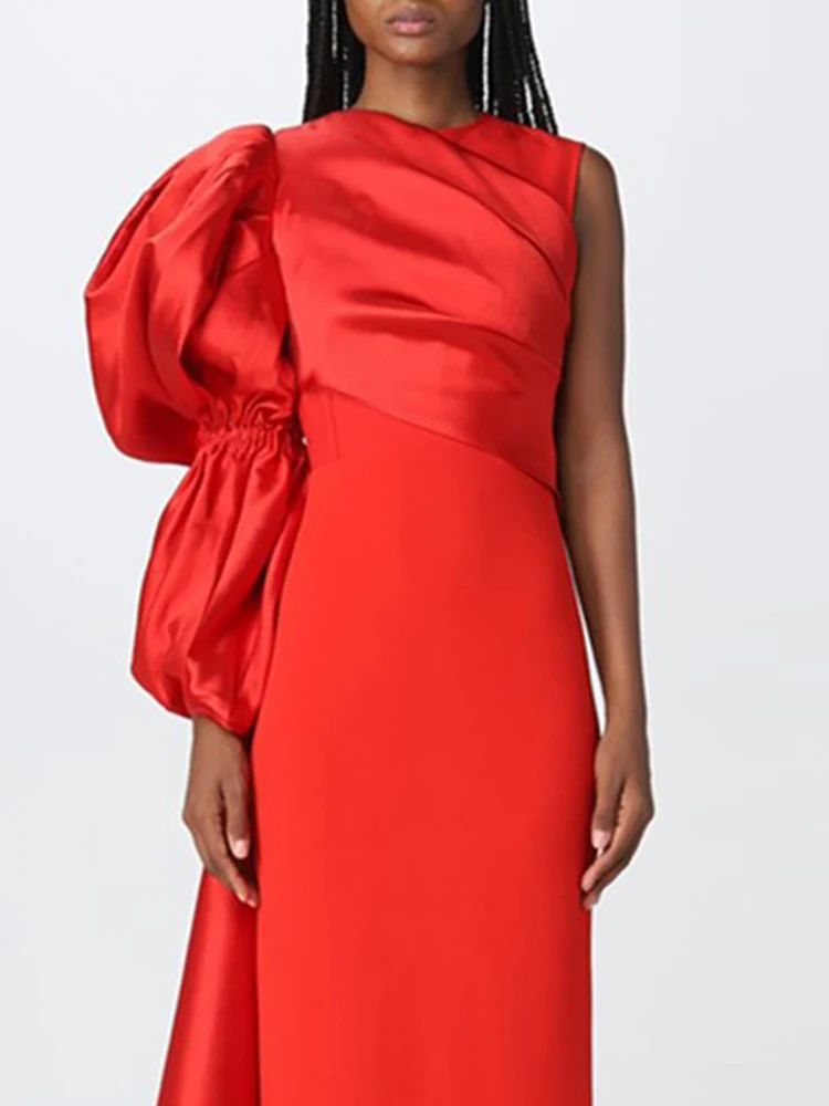 DEAT Elegant Dress O-neck One Shoulder Lantern Sleeve Patchwork Women\'s Evening Party Dresses 2024 Autumn New Fashion 13DB4216