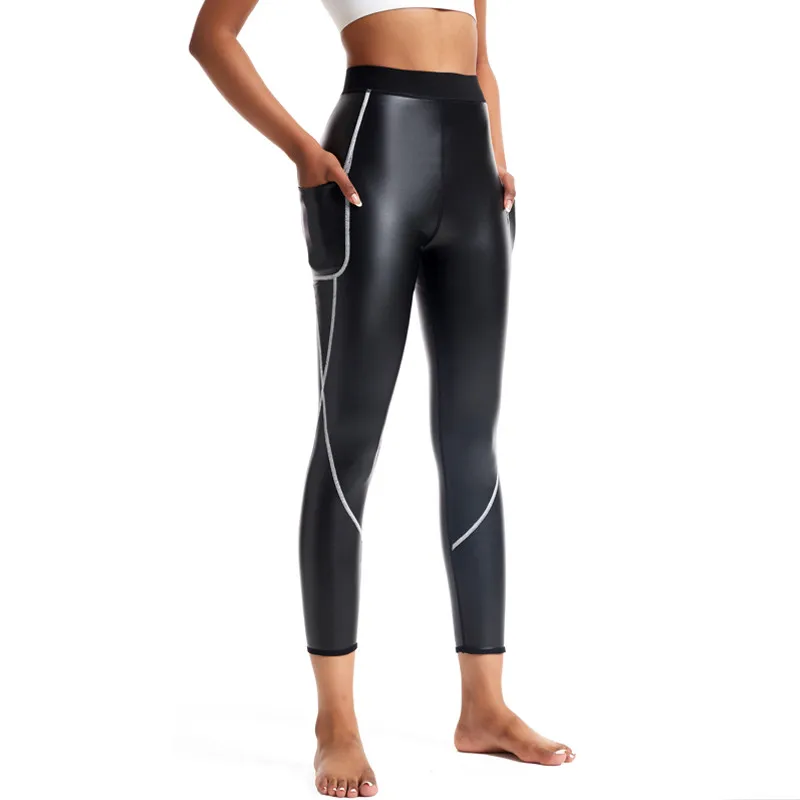 

Women Stripe Leggings High Waist Fitness Legging Slim Booty Lifting Leather Pants Sexy Pleather Pants Stretch Tights with Pocket