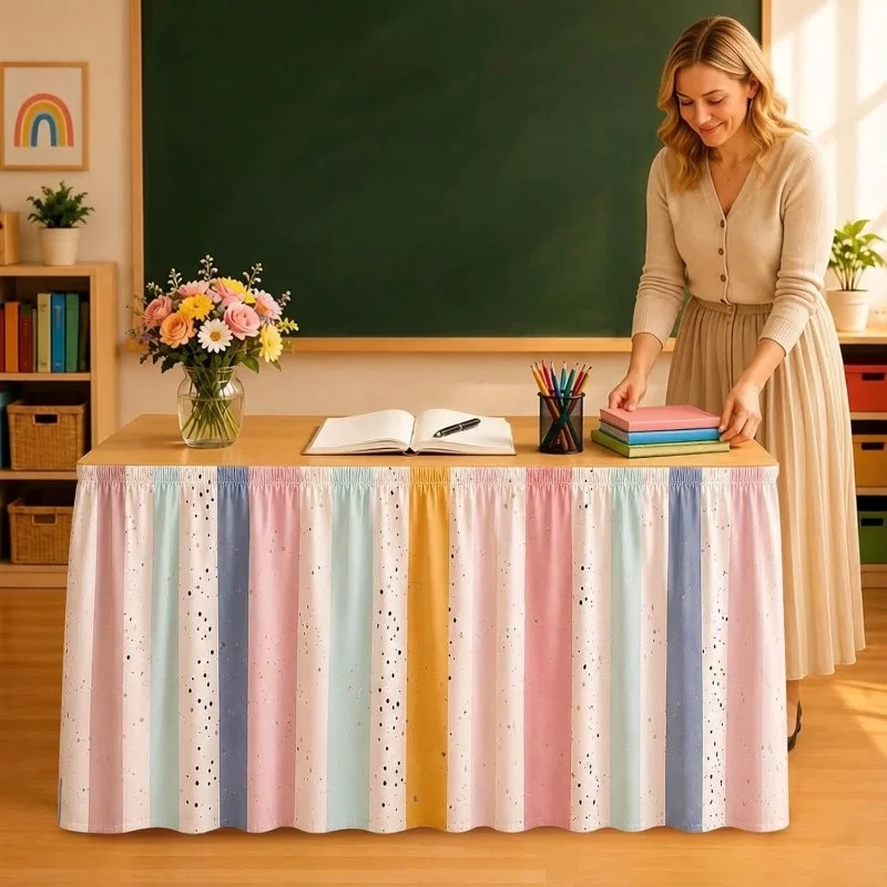 New pencil pattern table skirt, teacher table skirt, for classroom decoration, rectangular table skirt, back-to-school supplies