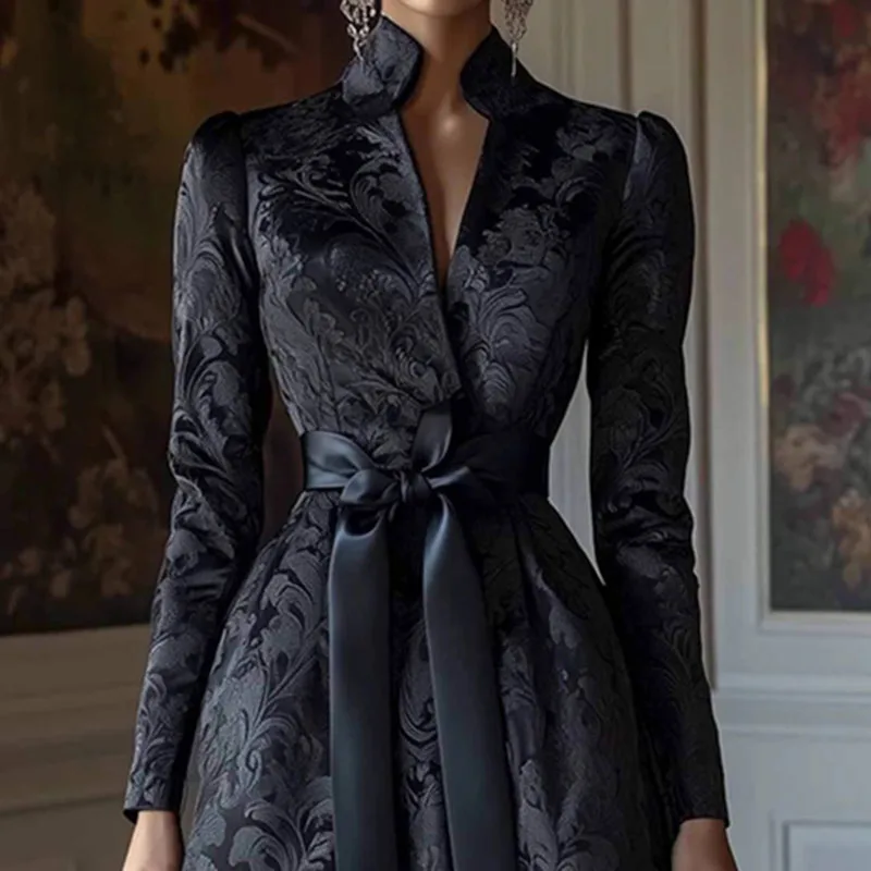 Vestido largo Retro de satén con estampado Floral y lazo con cordones, vestido de fiesta elegante de cintura alta con cuello en V para primavera y otoño, vestidos largos de manga larga para mujer