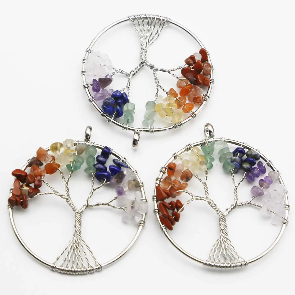 Natural Stone Round Fortune Colorful Crystal Life Tree Pendant Necklace Reiki Charms DIY Jewelry Accessories Gift Wholesale 8Pcs