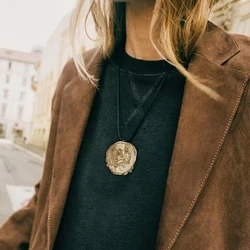 ZAA Vintage Woman Jewelry 2024 Trend Geometric Round Flower in Relief Medal Pendant with Adjustment Long Cord Necklaces
