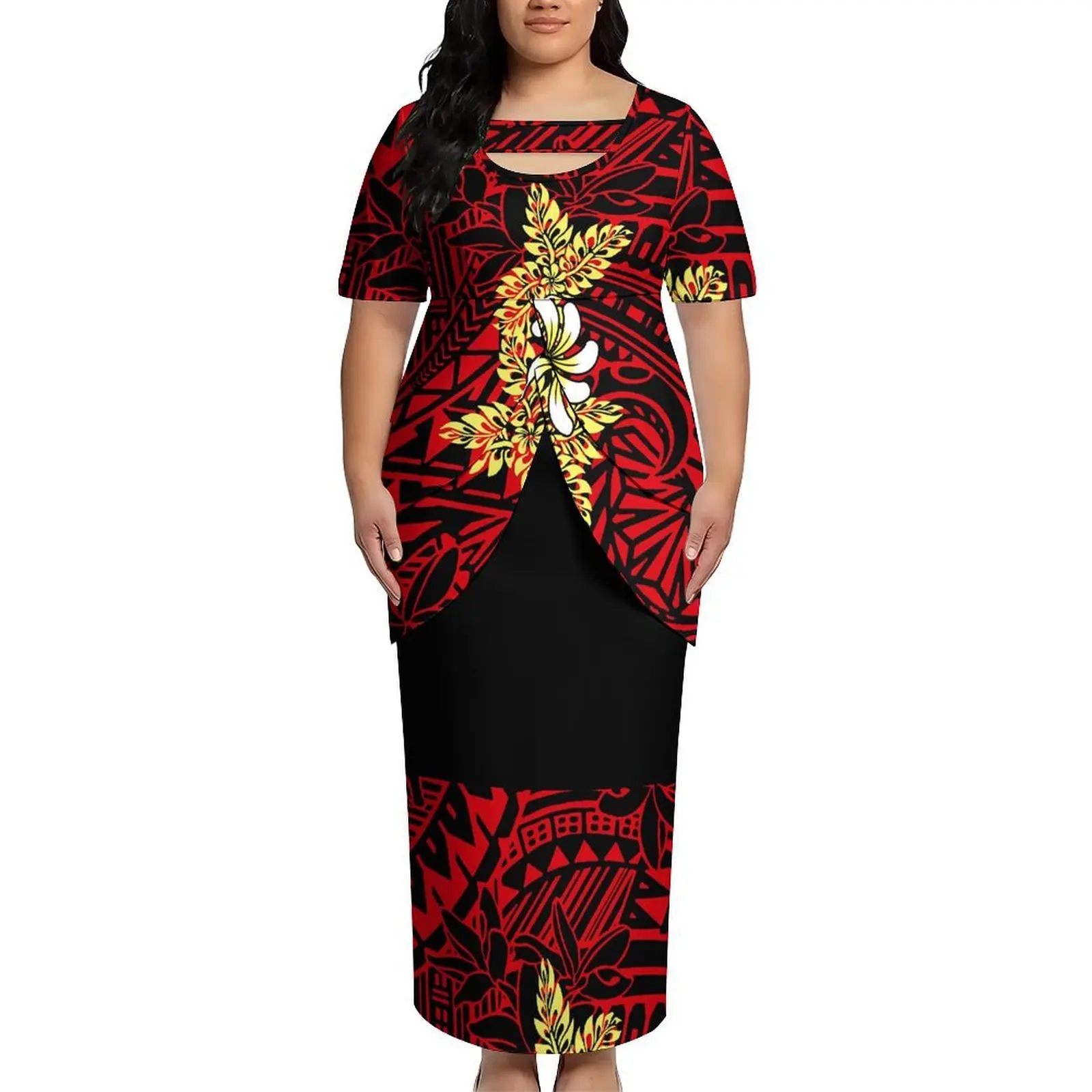 Short-Sleeved Form-Fitting Waist-Hugging Women'S Double-Layer Slit Bottom Design Skirt Polynesian Custom Printed Puletasi Style