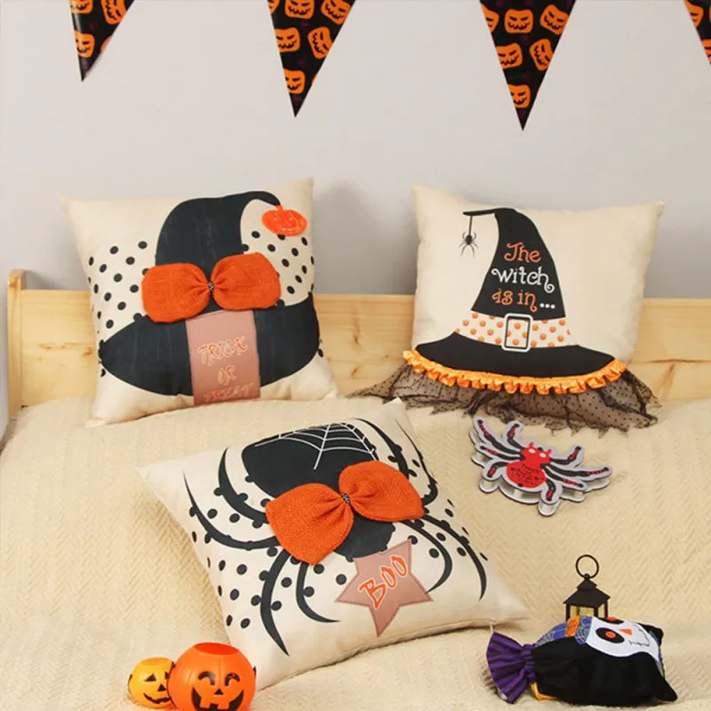 

Halloween Wizard Hat Pattern Pillowcase Trick Or Treat Festival Lace Pillow Accessories Home Sofa Decoration Party Vibe Ornament