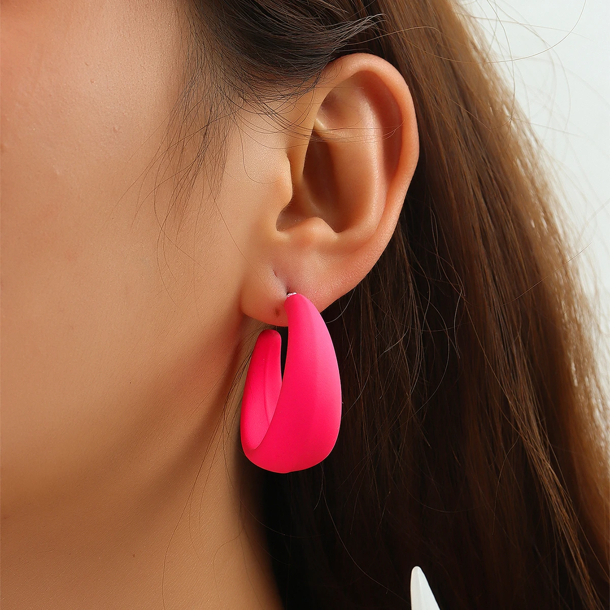 Hot Pink Matte Hoop Earrings, Chunky C-Shaped Statement Earrings, S925 Silver Post for Women