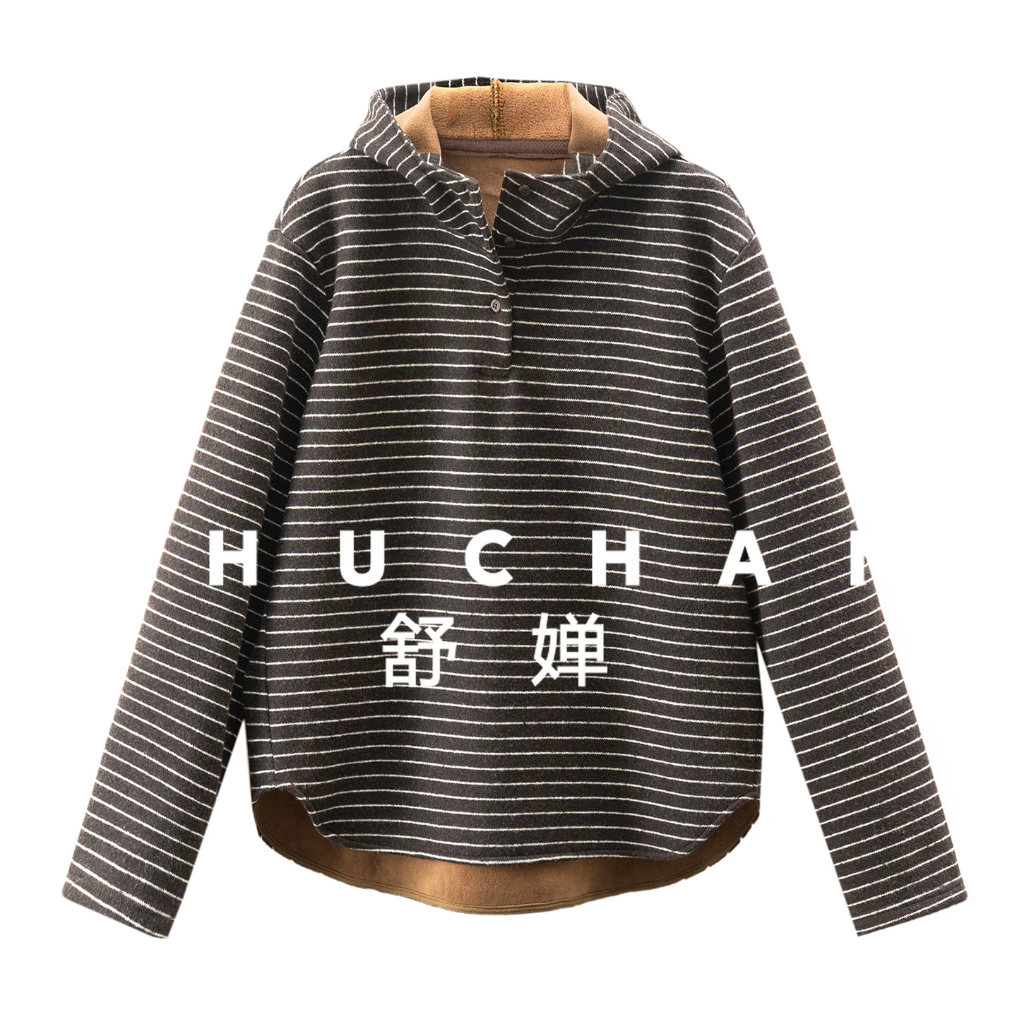 

Literary and Fashionable Stripes Containing Wool Loose and Thin Hooded Fleece Sweater Women's 73F8