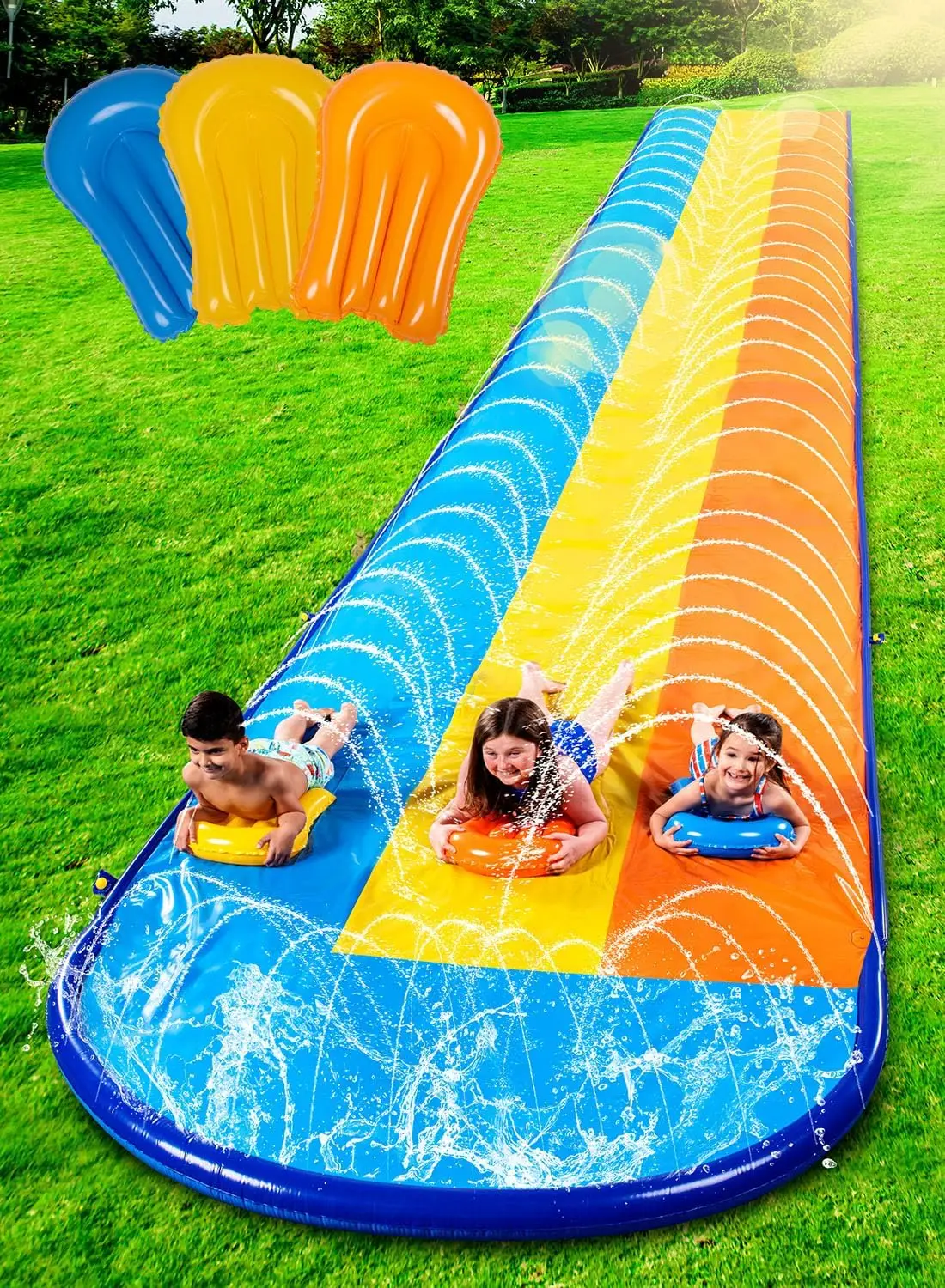 

Triple Lane Water Slide with 3 Body Boards, 22.5FT Backyard Splash Pad for Summer Fun