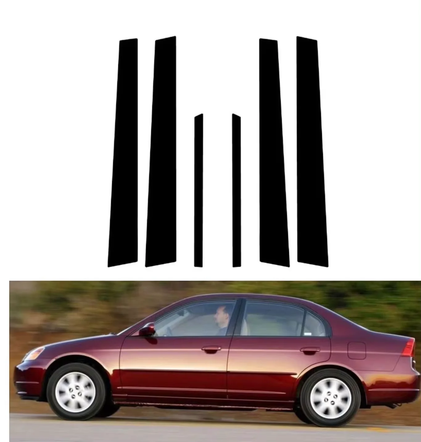 

6PCS Glossy Black Pillar Posts Fit For Honda Civic Sedan 2001 2002 2003 2004 2005 Door Side Window Decor Sticker Cover Stickers